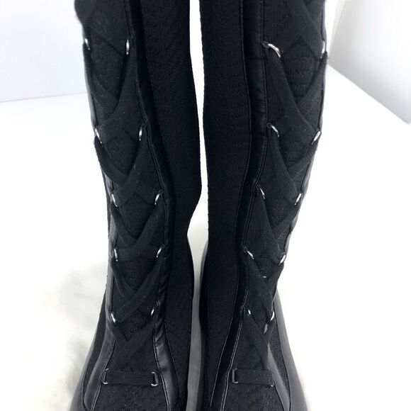 Polly Black Caviar Herringbone Textile Knit Tall Lace Up Pull On Combat Boots - Picture 8 of 16